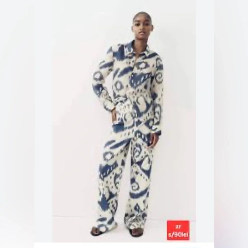 ZARA Printed Ramie Shirt & Pants Set LIMITED EDITION Blue Cream Size S/XS